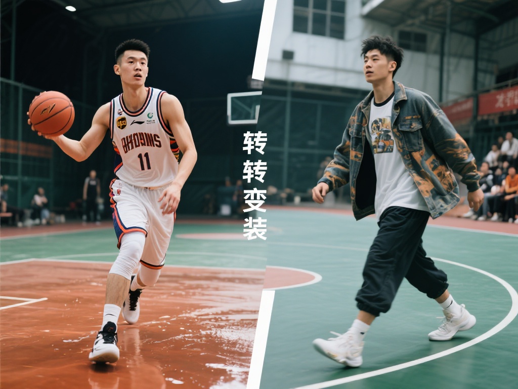 方硕的这段转场变装视频以篮球为核心，通过