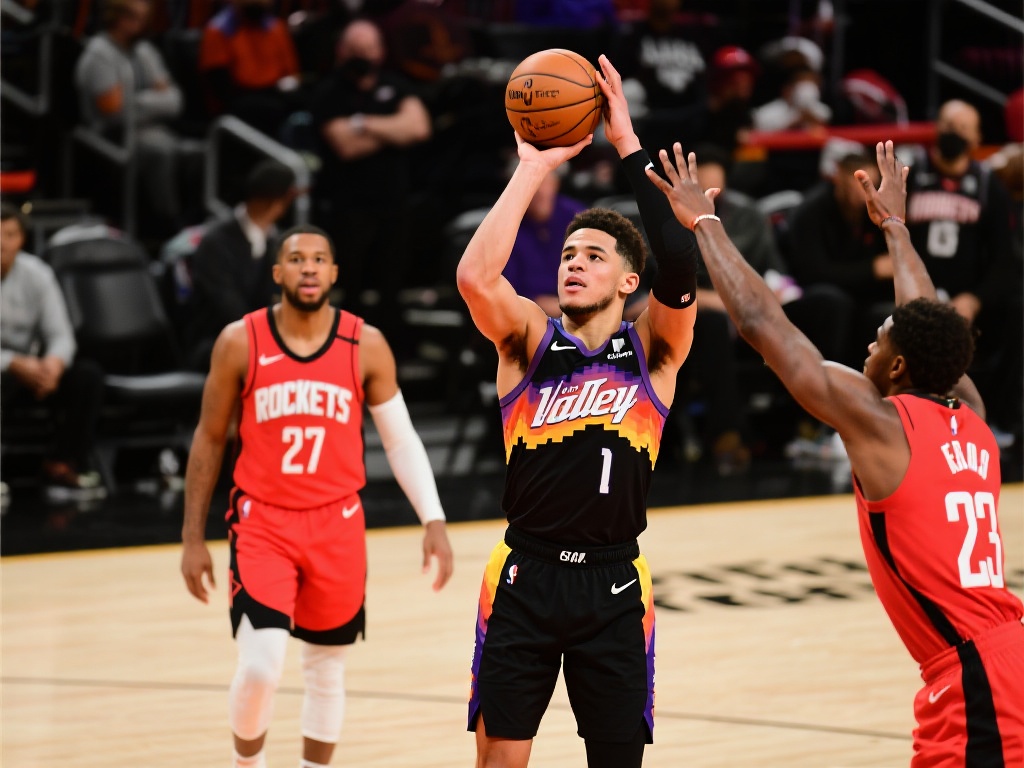 布克本赛季对火箭表现抢眼:场均23.5分3板3.5助,命中率高达59.4%三分33.3% 例如,在本赛季一次与火箭的交锋中,太阳队